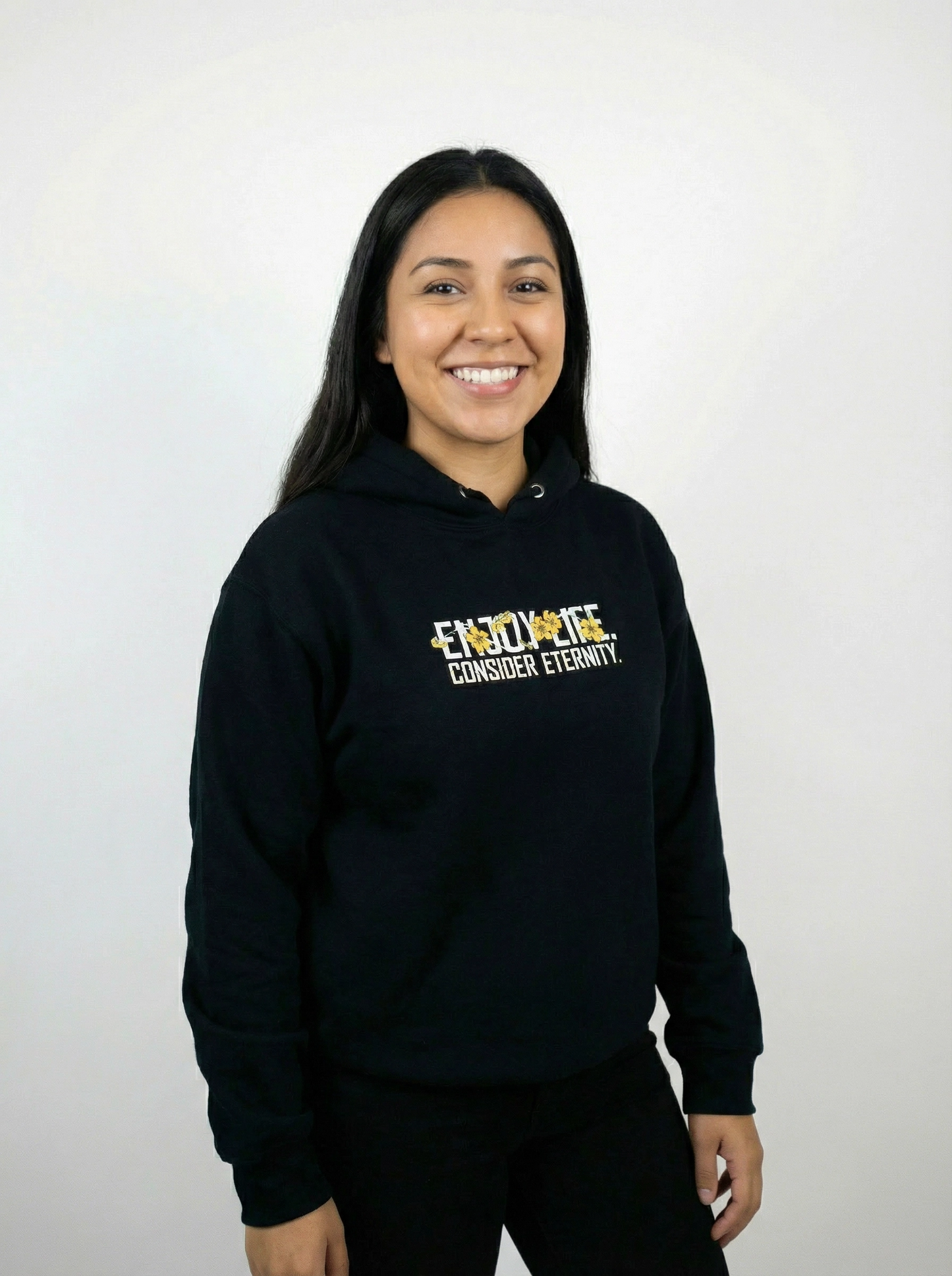 Women's Black Hoodie with Floral Design