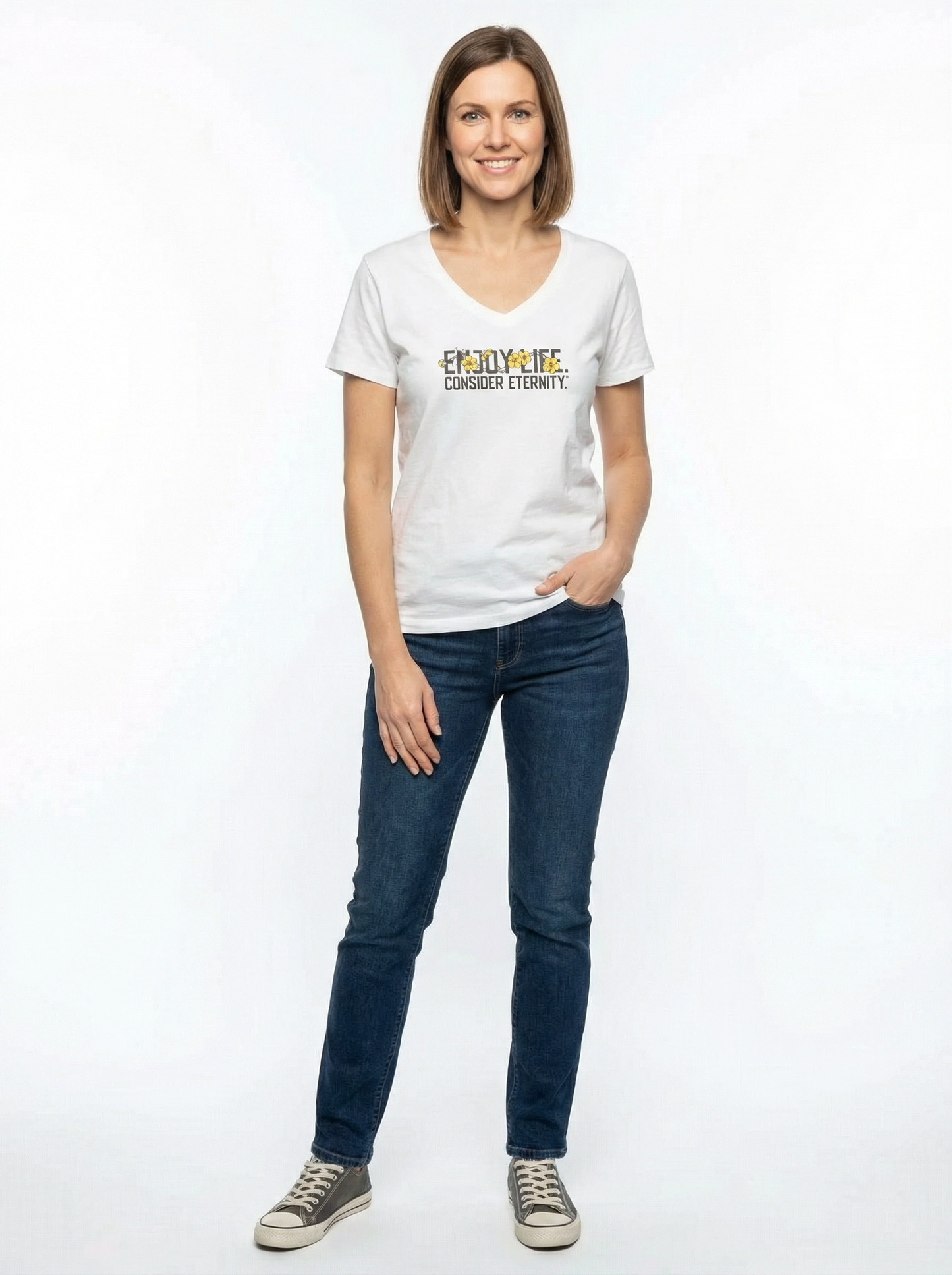 Women’s White V-Neck T-Shirt with Floral Design
