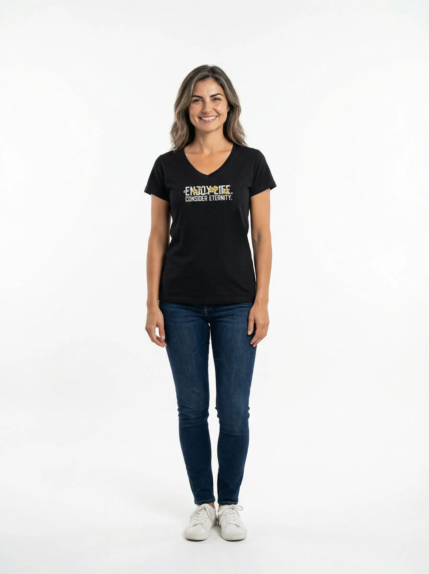 Women’s Black V-Neck T-Shirt with Floral Design